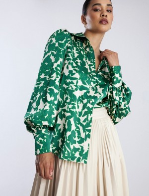 BCBGMAXAZRIA Balloon Sleeve Button-Up Üstler Yeşil | ZZF97144