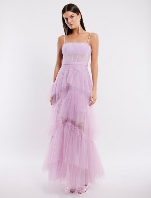 BCBGMAXAZRIA Oly Tiered Ruffle Tulle Evening Gown Uzun Elbise Mor | RCT55375
