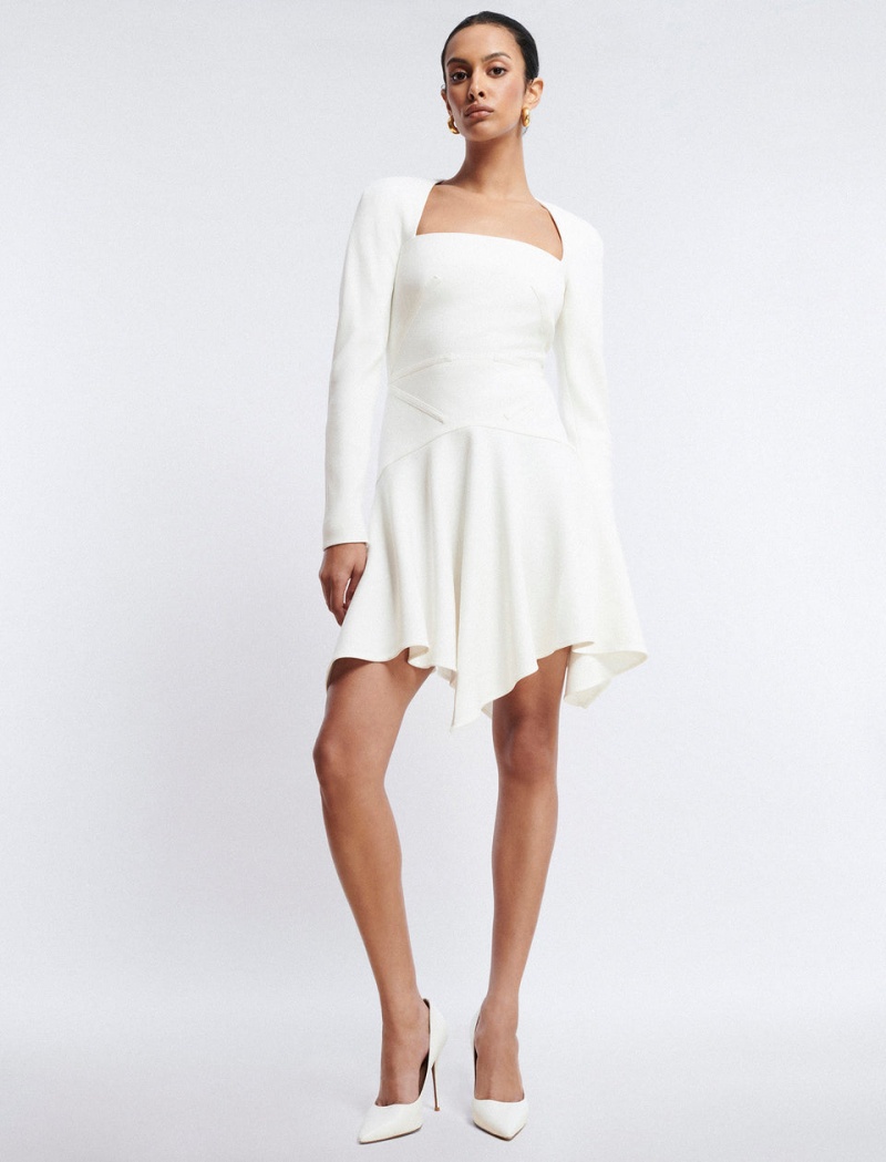 BCBGMAXAZRIA Cillian Ruffle Kısa Elbise Beyaz | QIZ19550