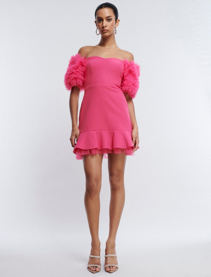 BCBGMAXAZRIA Harlowe Off-The-Shoulder Kısa Elbise Küpe Çiçeği | QCX99558