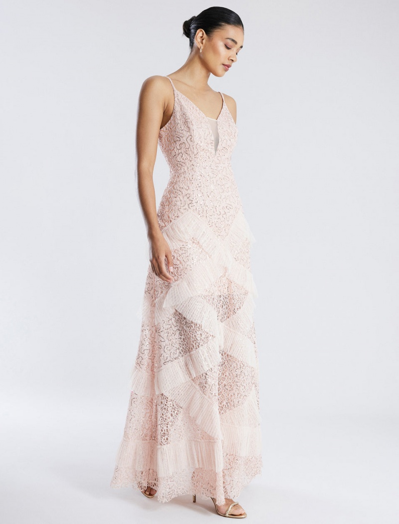 BCBGMAXAZRIA Isla Beaded Illusion Ruffle Gown Uzun Elbise Bej Rengi | VPX33003