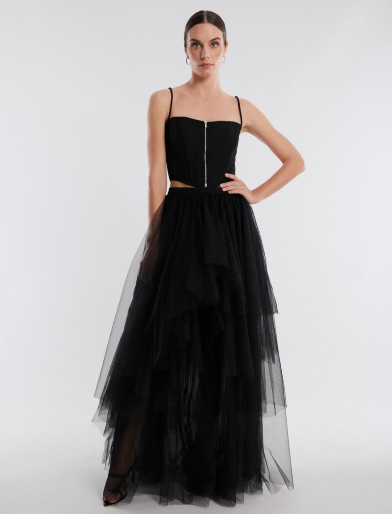 BCBGMAXAZRIA Layered Ruffle Tulle Etek Siyah | PBV26664