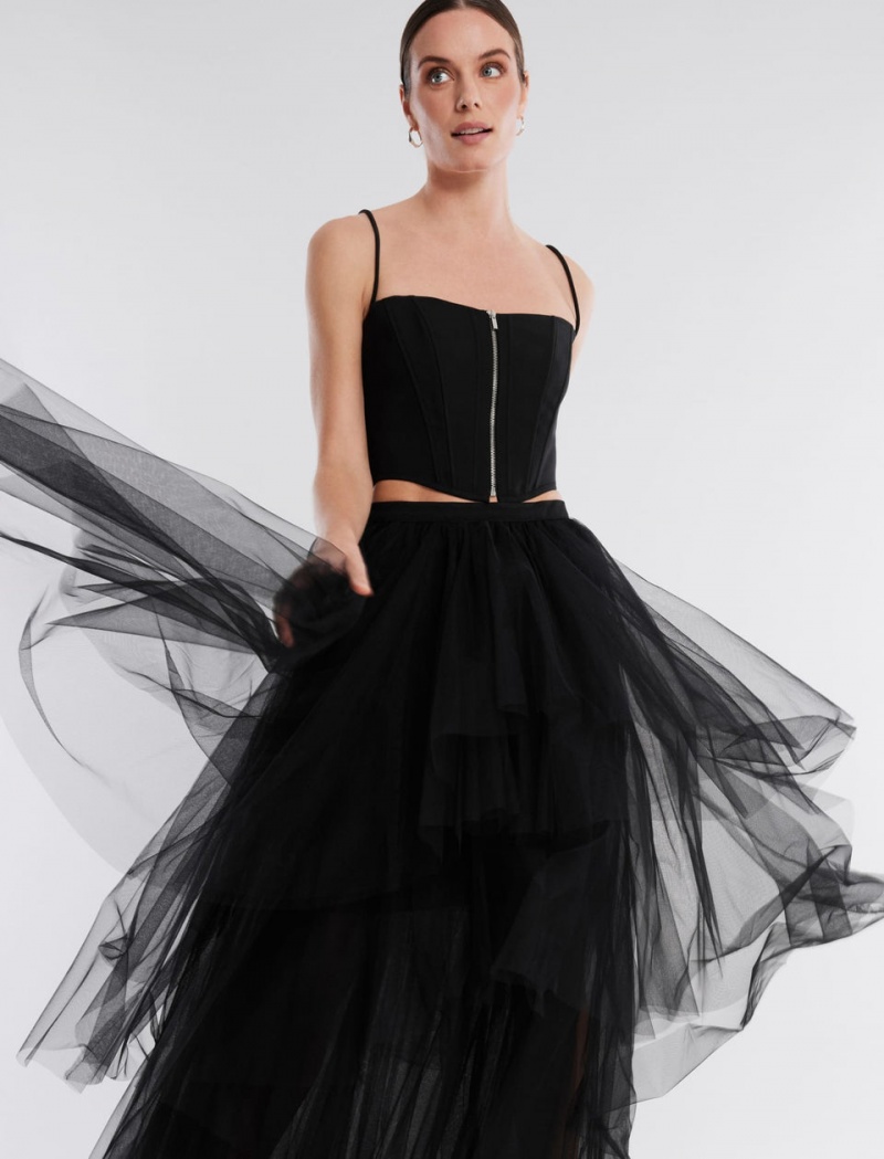 BCBGMAXAZRIA Layered Ruffle Tulle Etek Siyah | PBV26664