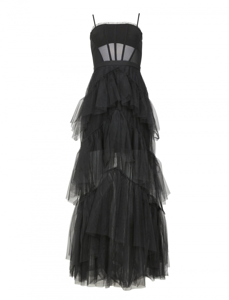 BCBGMAXAZRIA Oly Tiered Ruffle Tulle Evening Gown Uzun Elbise Siyah | TRK21575