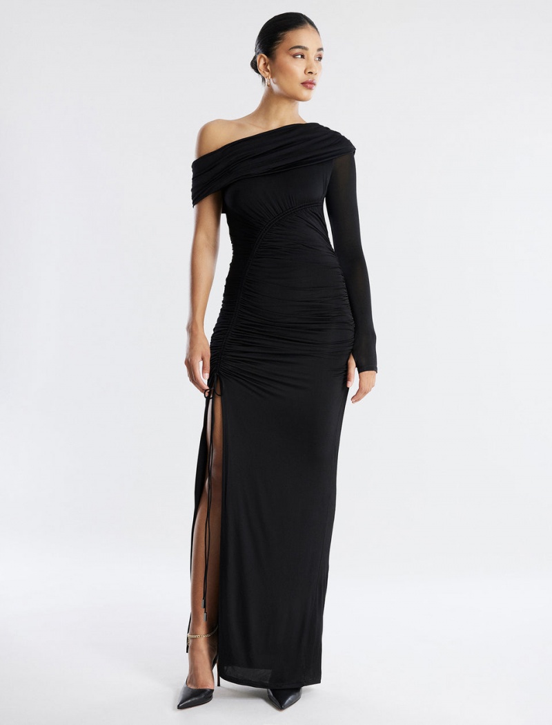 BCBGMAXAZRIA Pallas One Shoulder Ruched Gown Uzun Elbise Siyah | FOF53811
