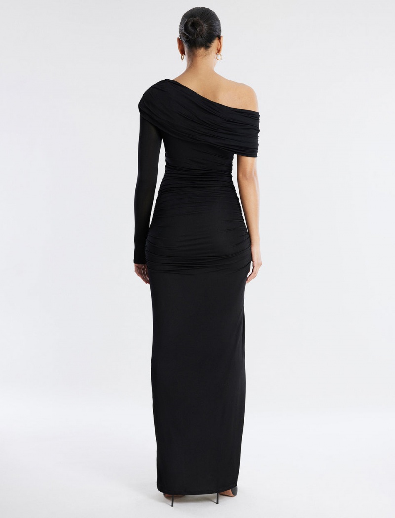 BCBGMAXAZRIA Pallas One Shoulder Ruched Gown Uzun Elbise Siyah | FOF53811