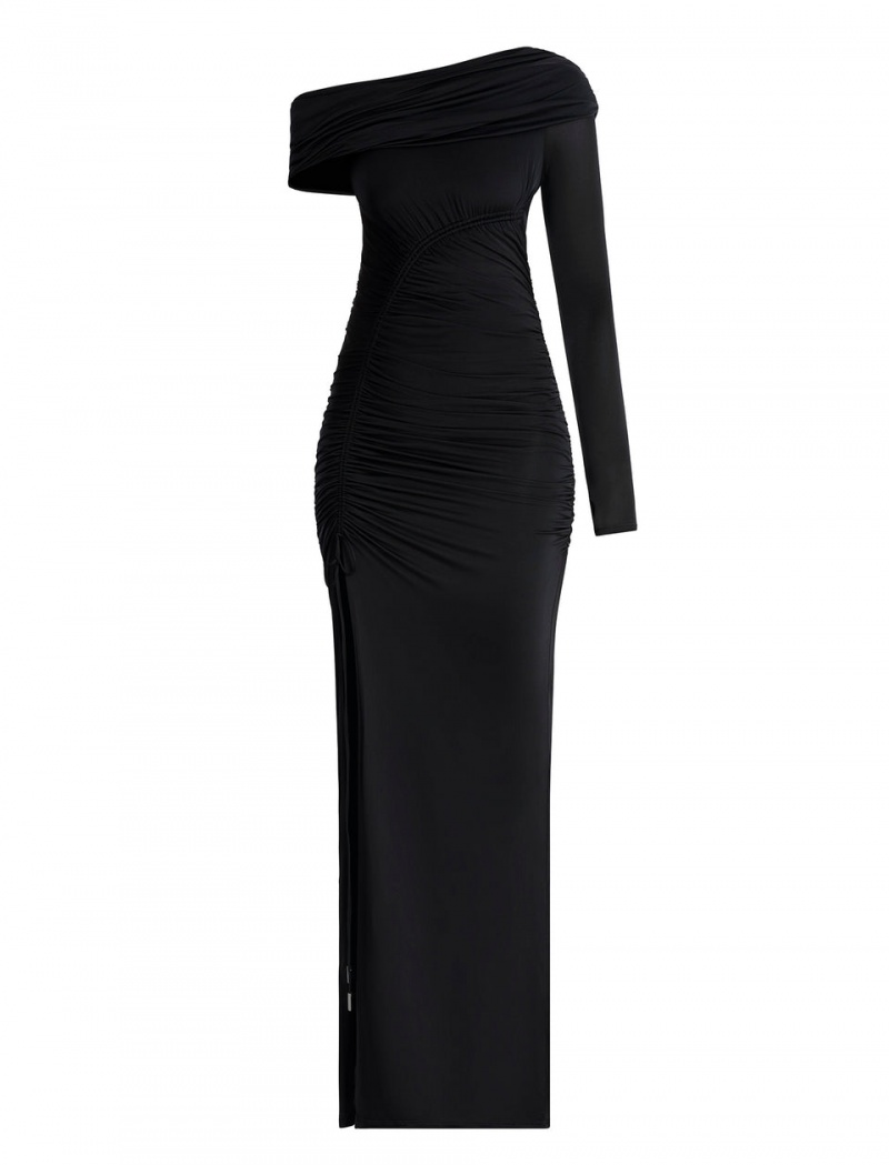 BCBGMAXAZRIA Pallas One Shoulder Ruched Gown Uzun Elbise Siyah | FOF53811